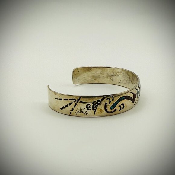 Southwestern Silver Chip-Inlay Cuff (Turquoise & Coral) | Sz 6.5 total | 20g - Picture 2 of 5